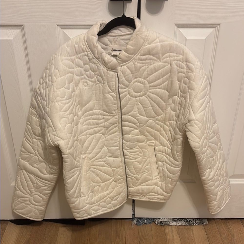 Anthropologie White Quilted Floral Jacket